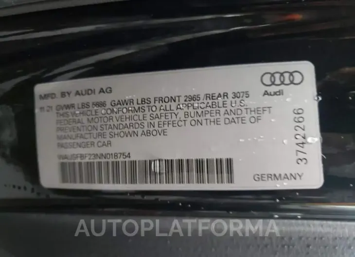 AUDI S7 PRESTIG 2022 vin WAUSFBF23NN018754 from auto auction Copart