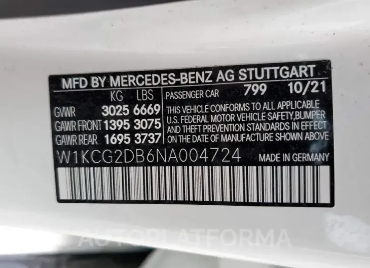 MERCEDES-BENZ EQS 450+ 2022 vin W1KCG2DB6NA004724 from auto auction Copart