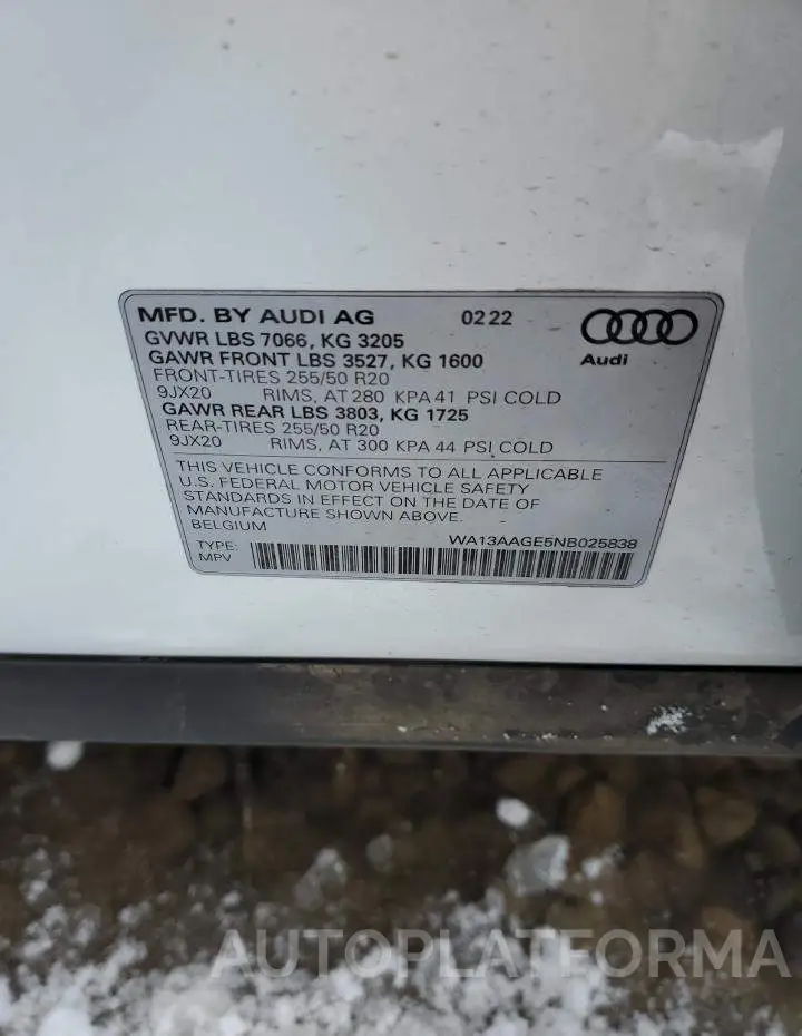 AUDI E-TRON SPO 2022 vin WA13AAGE5NB025838 from auto auction Copart