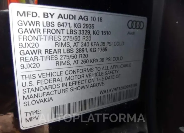 AUDI Q8 PREMIUM 2019 vin WA1AVAF12KD013186 from auto auction Copart