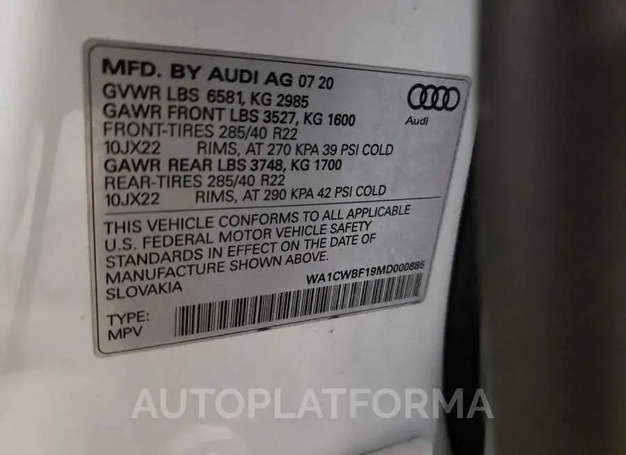 AUDI SQ8 PRESTI 2021 vin WA1CWBF19MD000885 from auto auction Copart