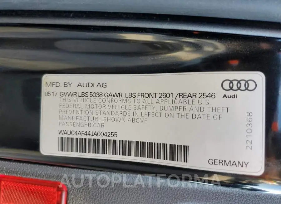 AUDI S4 PRESTIG 2018 vin WAUC4AF44JA004255 from auto auction Copart