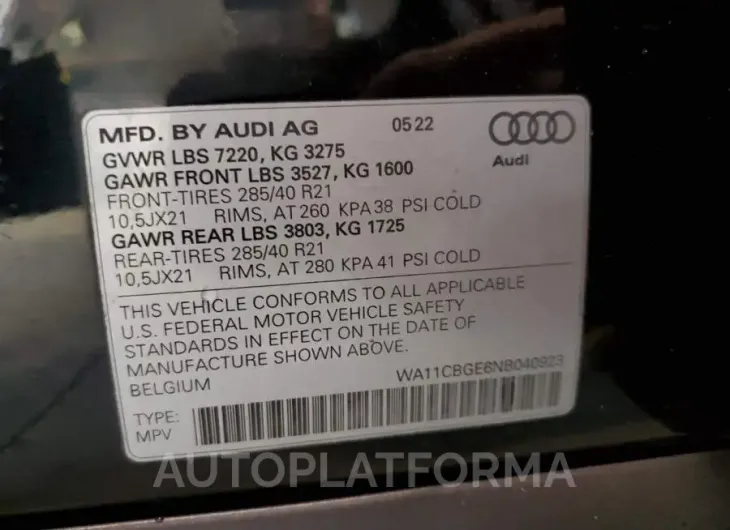 AUDI E-TRON S S 2022 vin WA11CBGE6NB040923 from auto auction Copart