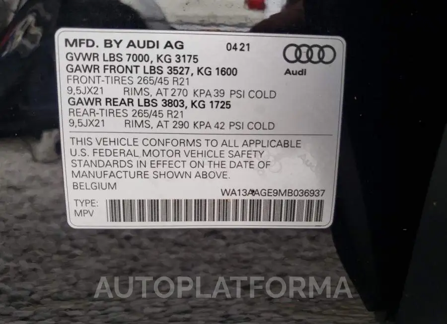 AUDI E-TRON SPO 2021 vin WA13AAGE9MB036937 from auto auction Copart