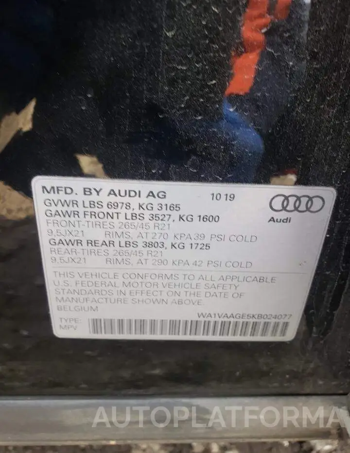 AUDI E-TRON PRE 2019 vin WA1VAAGE5KB024077 from auto auction Copart