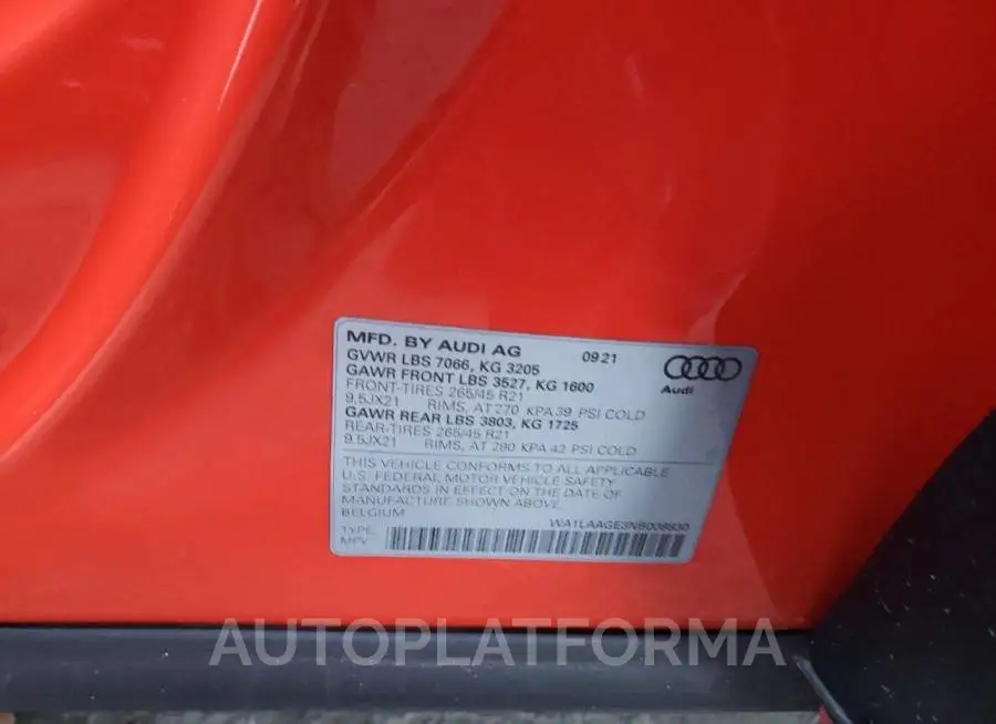 AUDI E-TRON PRE 2022 vin WA1LAAGE3NB008830 from auto auction Copart