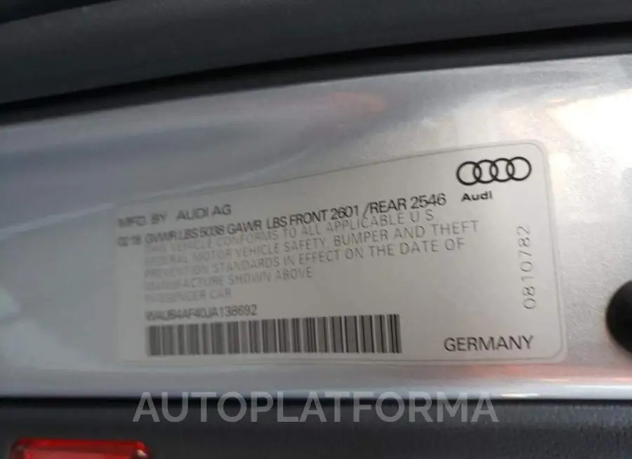 AUDI S4 PREMIUM 2018 vin WAUB4AF40JA138692 from auto auction Copart