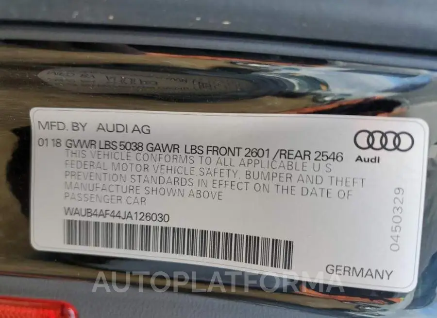 AUDI S4 PREMIUM 2018 vin WAUB4AF44JA126030 from auto auction Copart