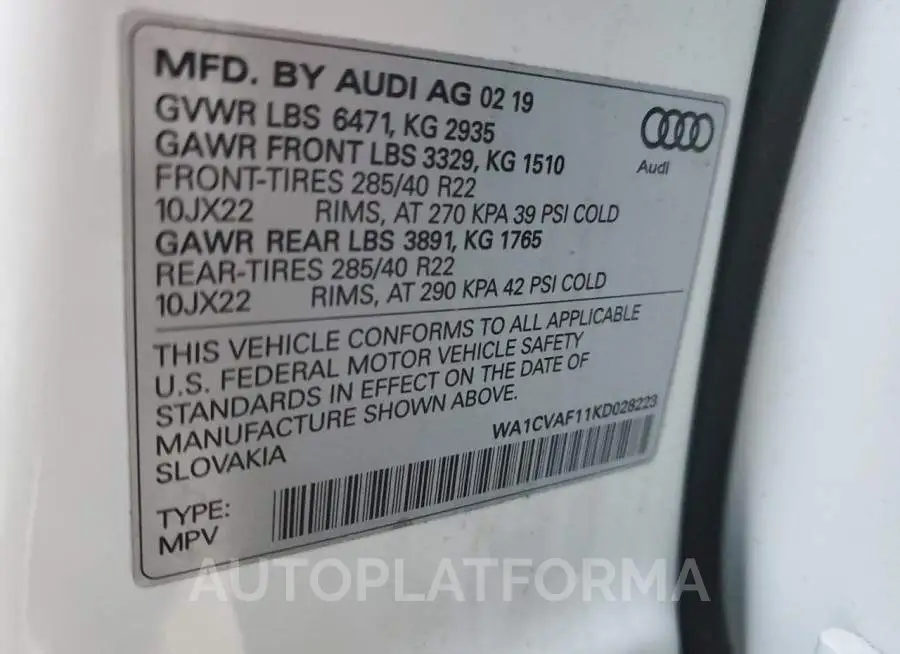 AUDI Q8 PRESTIG 2019 vin WA1CVAF11KD028223 from auto auction Copart