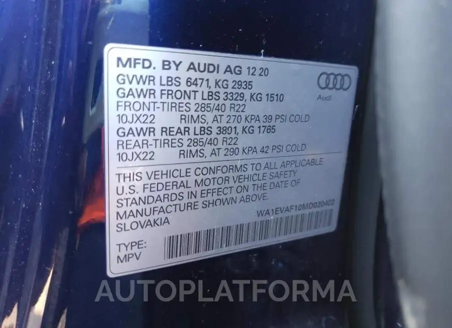 AUDI Q8 PREMIUM 2021 vin WA1EVAF10MD020402 from auto auction Copart