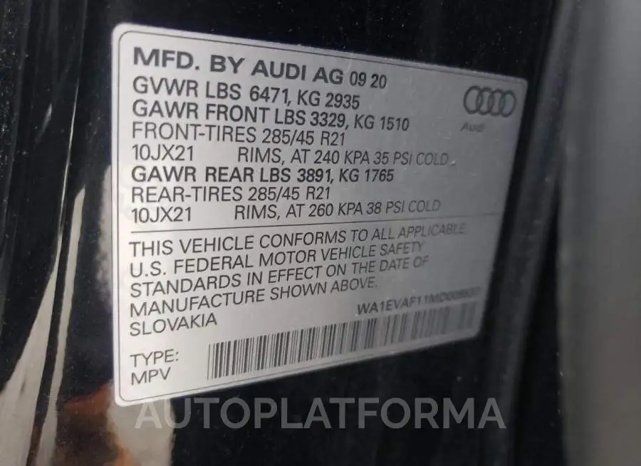 AUDI Q8 PREMIUM 2021 vin WA1EVAF11MD009537 from auto auction Copart