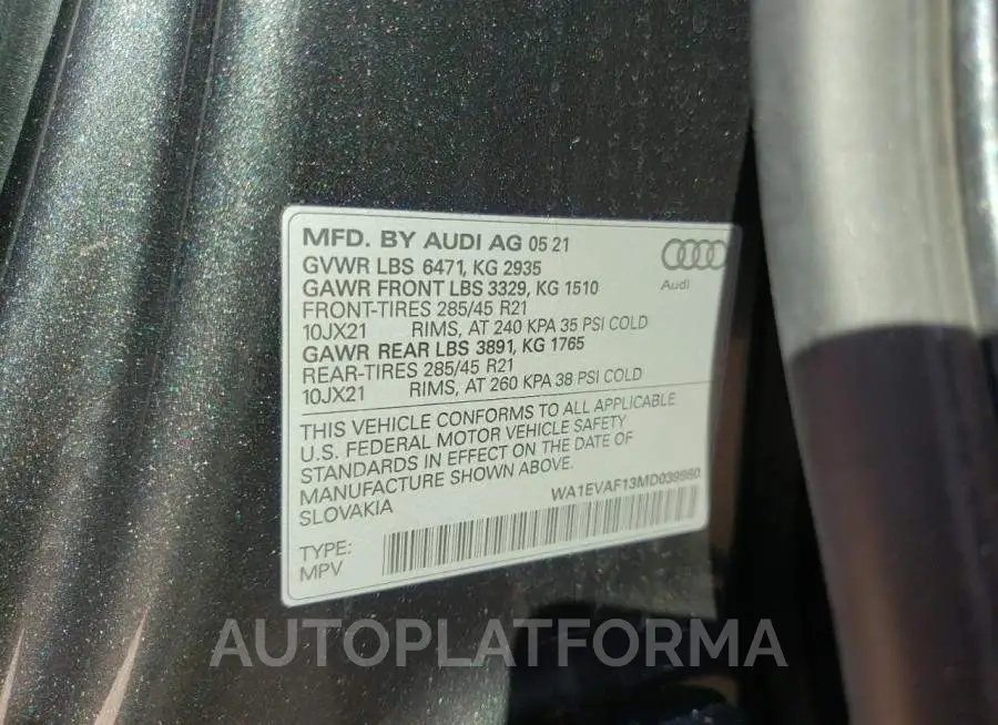 AUDI Q8 PREMIUM 2021 vin WA1EVAF13MD039980 from auto auction Copart