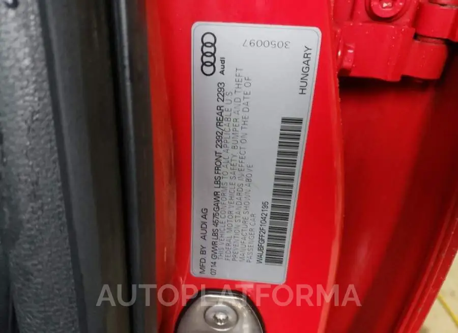 AUDI S3 PREMIUM 2015 vin WAUBFGFF2F1042195 from auto auction Copart