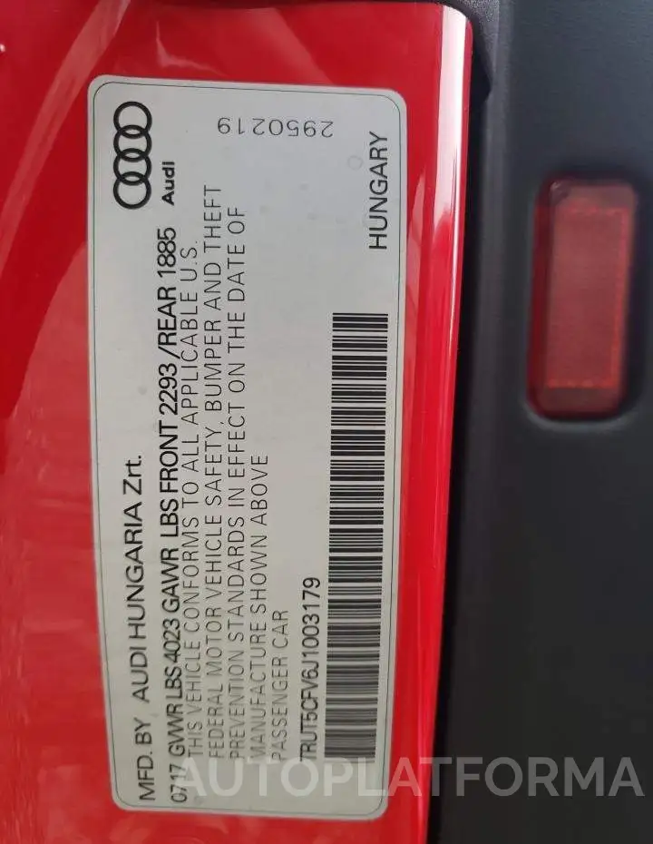 AUDI TT 2018 vin TRUT5CFV6J1003179 from auto auction Copart