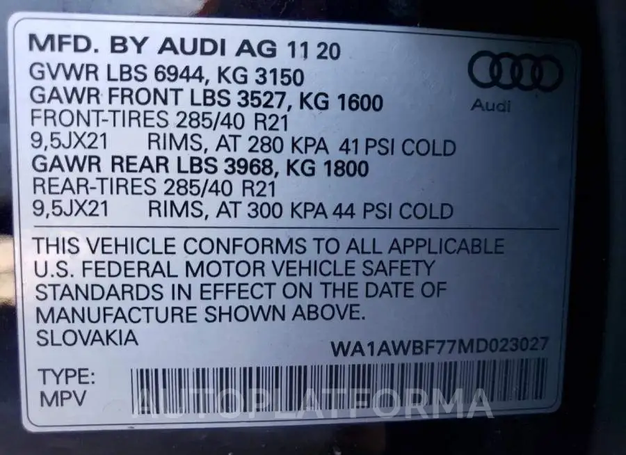 AUDI SQ7 PREMIU 2021 vin WA1AWBF77MD023027 from auto auction Copart