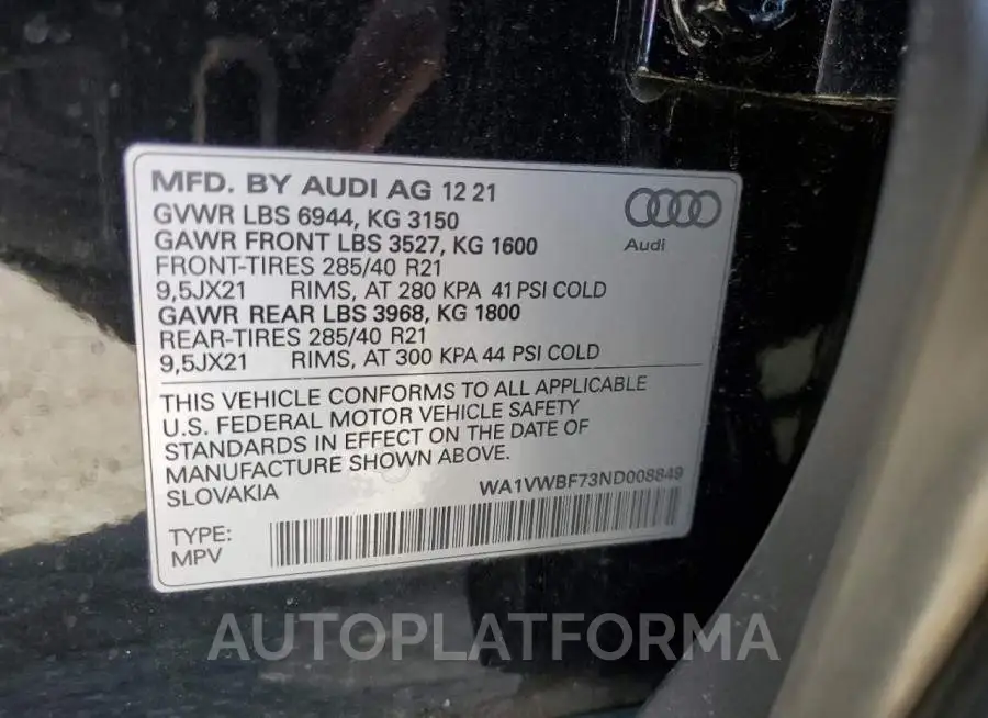 AUDI SQ7 PRESTI 2022 vin WA1VWBF73ND008849 from auto auction Copart