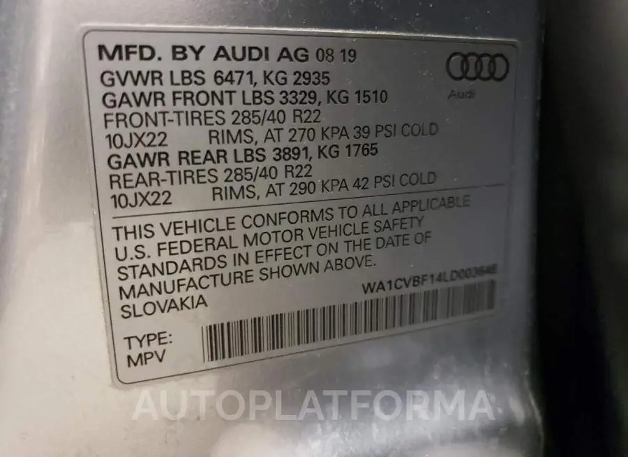 AUDI Q8 PRESTIG 2020 vin WA1CVBF14LD003646 from auto auction Copart