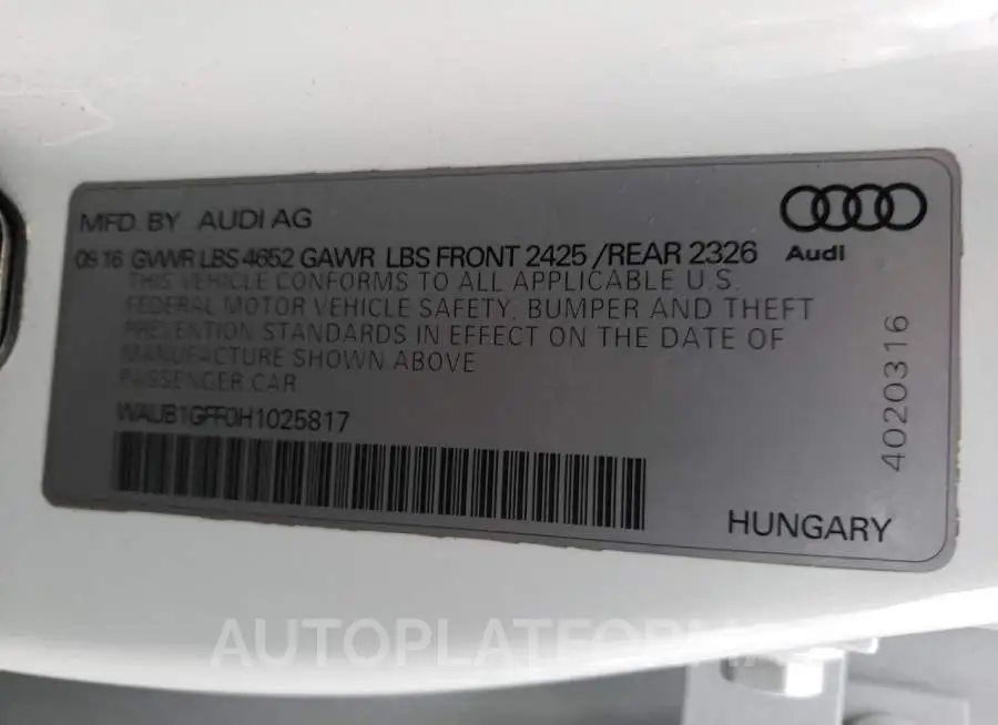 AUDI S3 PREMIUM 2017 vin WAUB1GFF0H1025817 from auto auction Copart