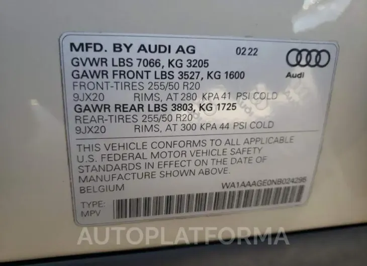 AUDI E-TRON PRE 2022 vin WA1AAAGE0NB024295 from auto auction Copart