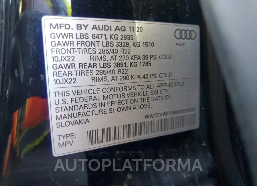 AUDI Q8 PREMIUM 2021 vin WA1EVAF15MD019634 from auto auction Copart