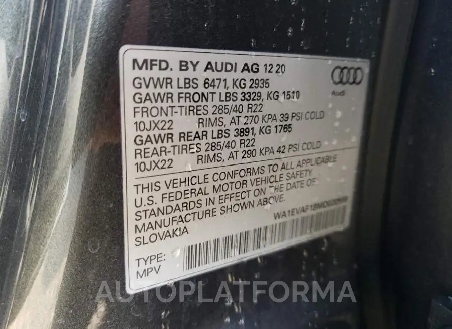 AUDI Q8 PREMIUM 2021 vin WA1EVAF19MD020558 from auto auction Copart