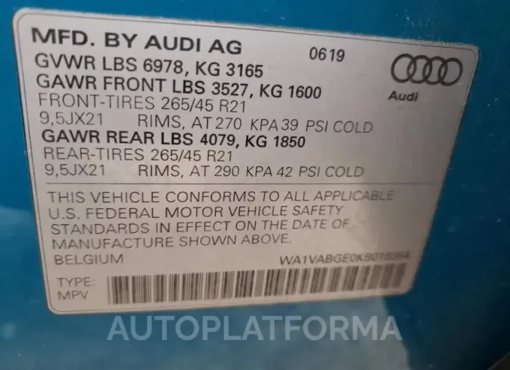 AUDI E-TRON PRE 2019 vin WA1VABGE0KB018354 from auto auction Copart