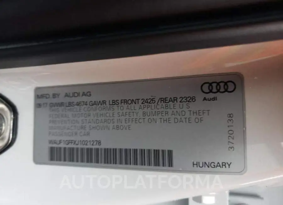 AUDI S3 PRESTIG 2018 vin WAUF1GFFXJ1021278 from auto auction Copart