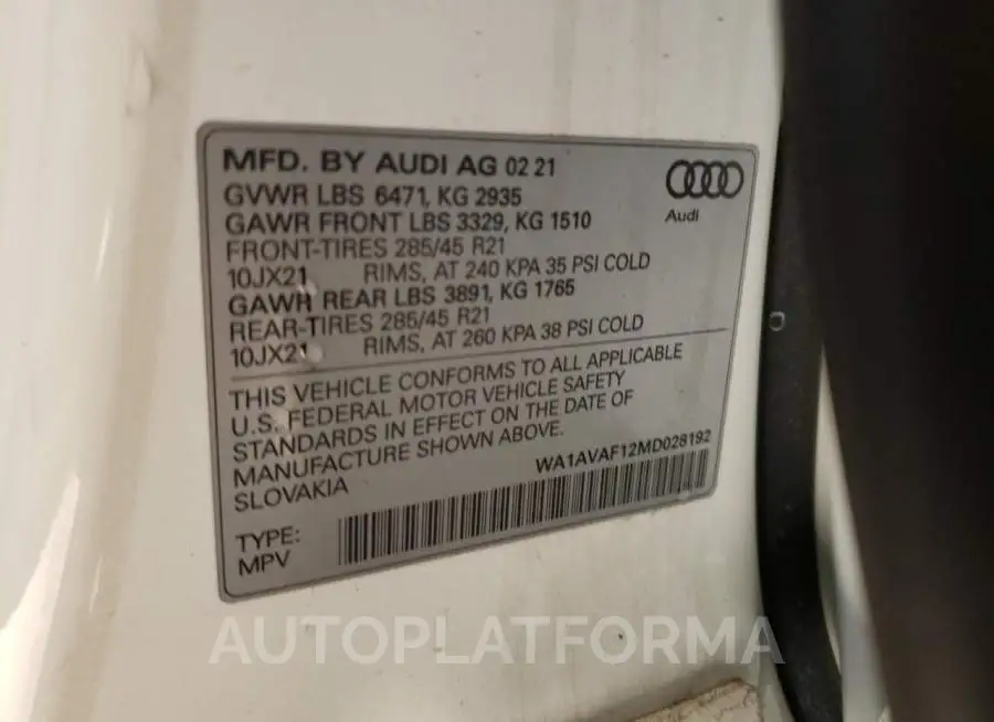 AUDI Q8 PREMIUM 2021 vin WA1AVAF12MD028192 from auto auction Copart