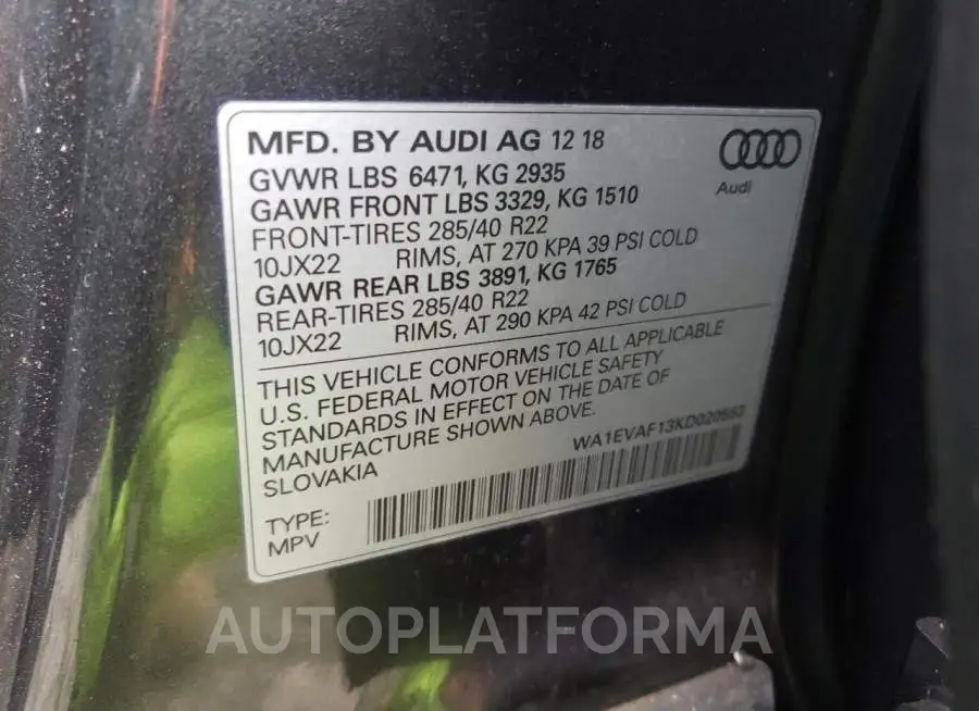 AUDI Q8 PREMIUM 2019 vin WA1EVAF13KD020553 from auto auction Copart