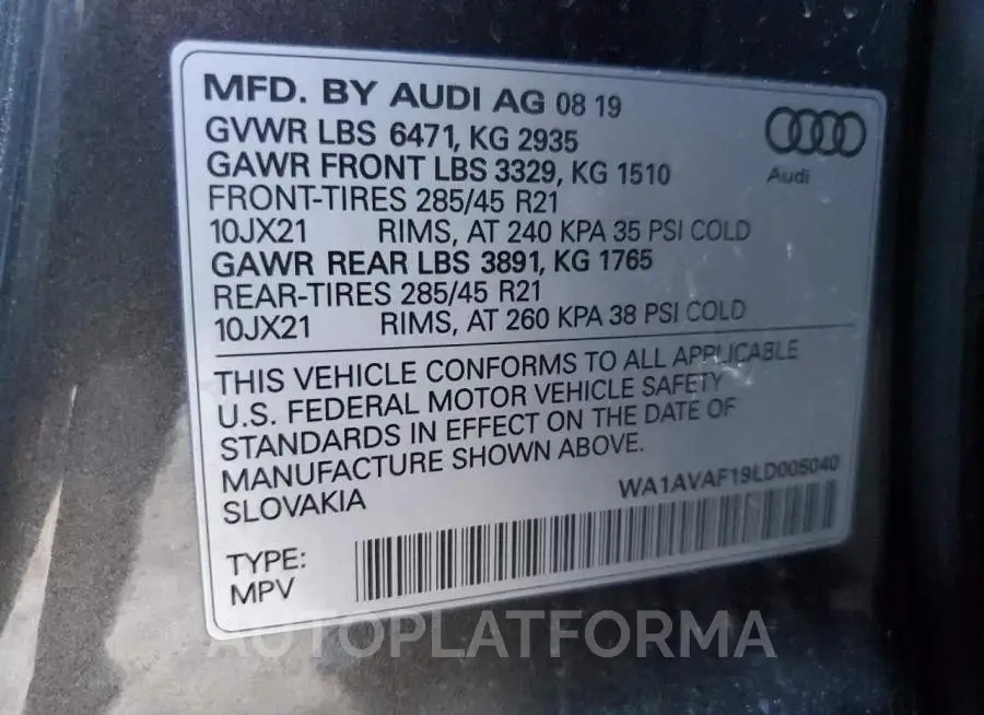 AUDI Q8 PREMIUM 2020 vin WA1AVAF19LD005040 from auto auction Copart