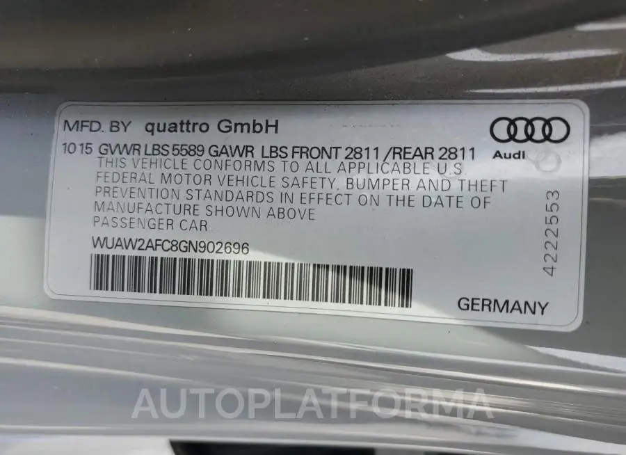 AUDI RS7 2016 vin WUAW2AFC8GN902696 from auto auction Copart