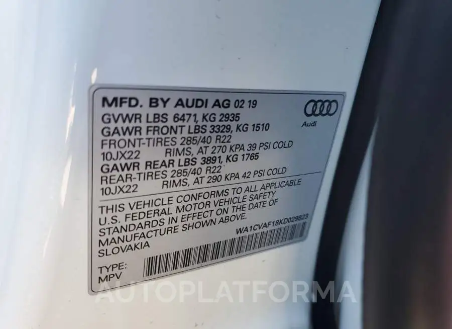 AUDI Q8 PRESTIG 2019 vin WA1CVAF18KD029823 from auto auction Copart