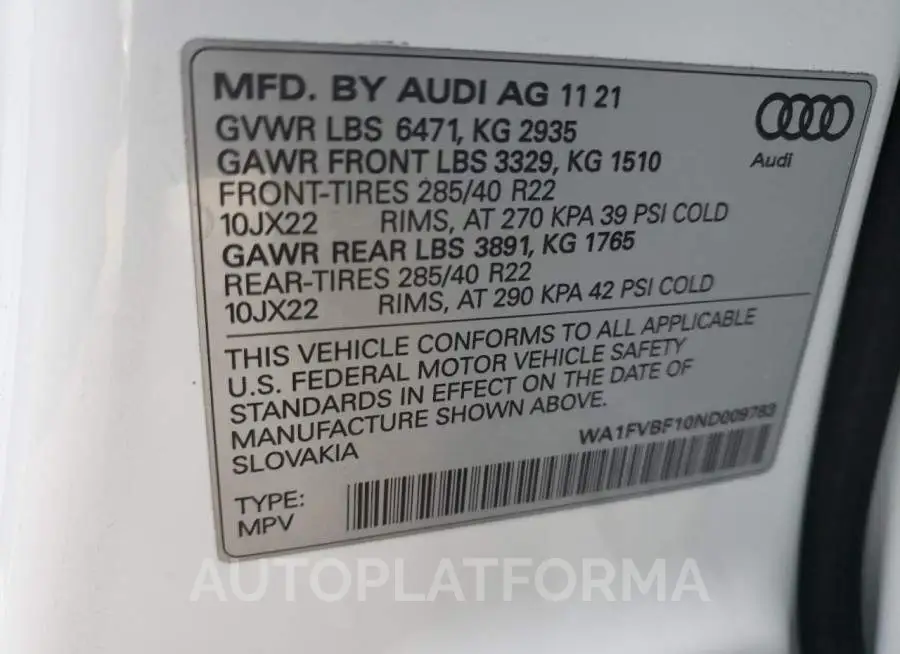 AUDI Q8 PRESTIG 2022 vin WA1FVBF10ND009783 from auto auction Copart