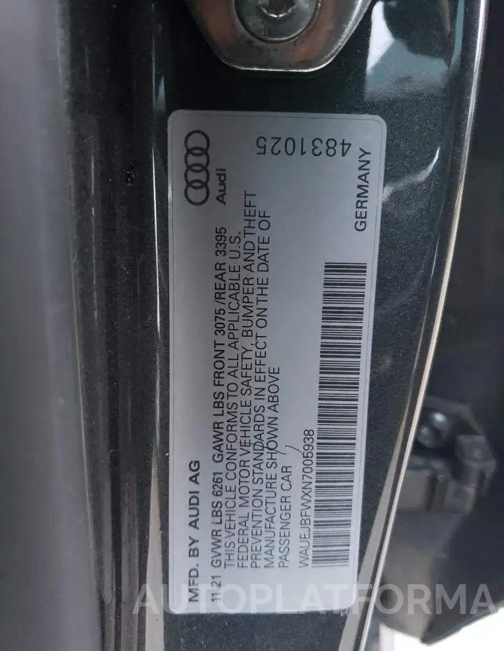 AUDI E-TRON GT 2022 vin WAUEJBFWXN7005938 from auto auction Copart