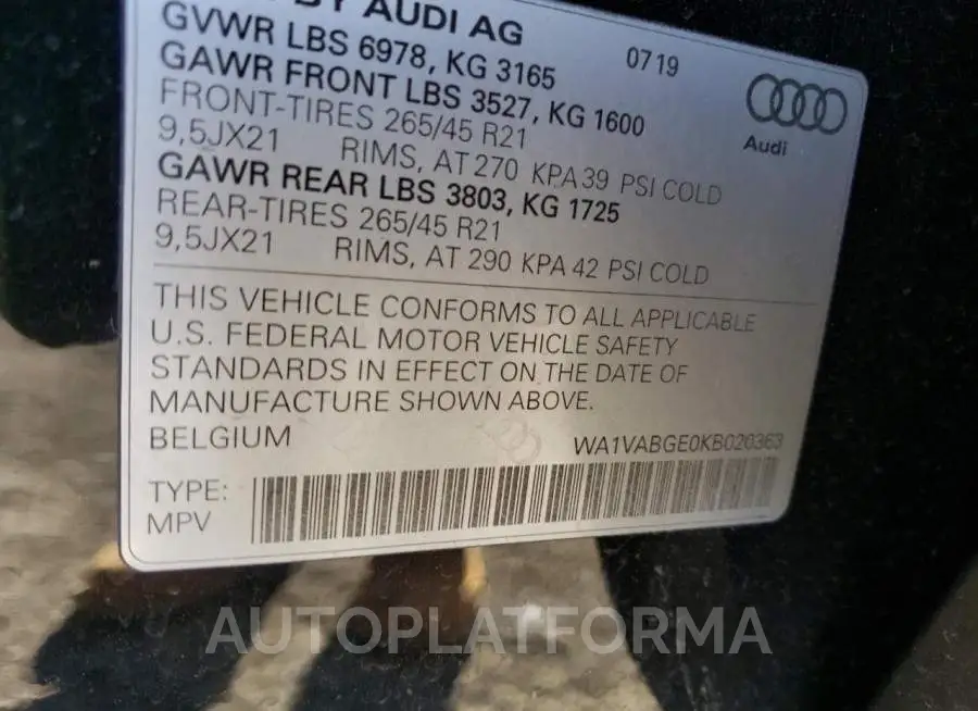 AUDI E-TRON PRE 2019 vin WA1VABGE0KB020363 from auto auction Copart