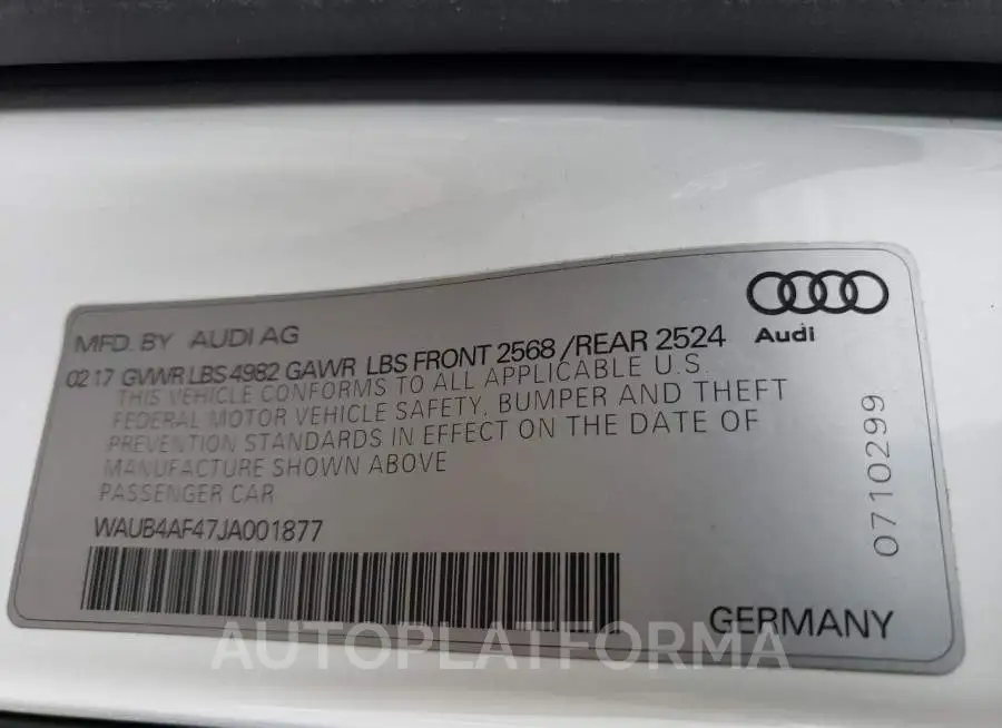 AUDI S4 PREMIUM 2018 vin WAUB4AF47JA001877 from auto auction Copart