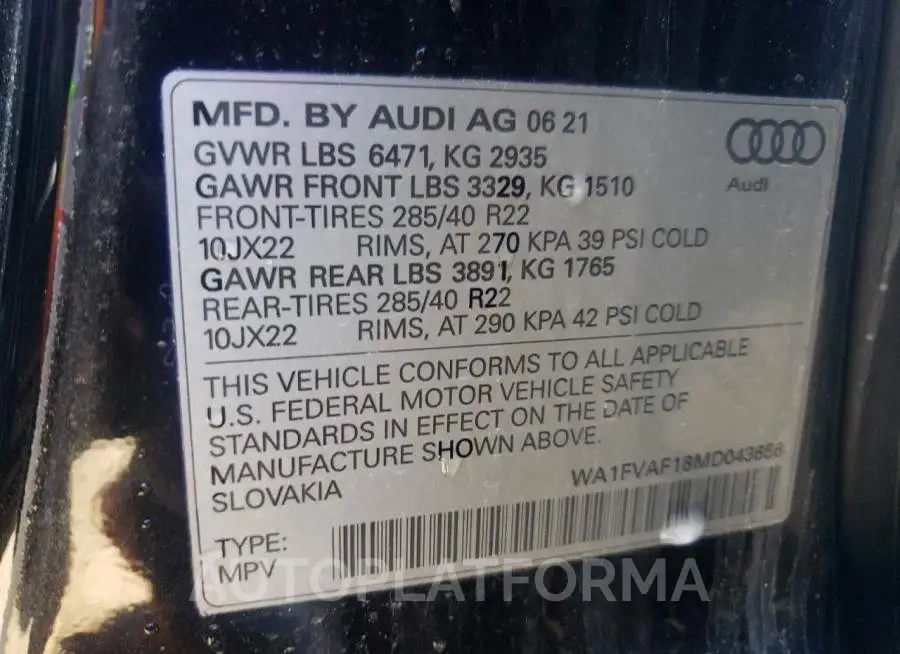 AUDI Q8 PRESTIG 2021 vin WA1FVAF18MD043656 from auto auction Copart