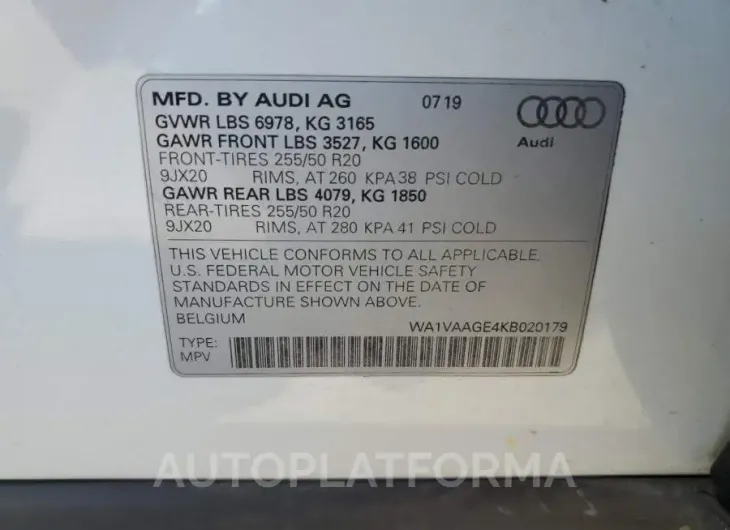 AUDI E-TRON PRE 2019 vin WA1VAAGE4KB020179 from auto auction Copart