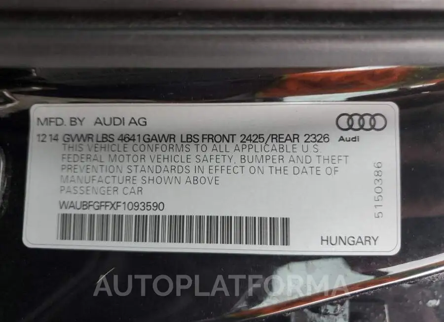 AUDI S3 PREMIUM 2015 vin WAUBFGFFXF1093590 from auto auction Copart