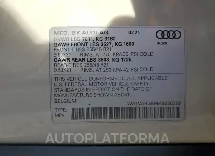 AUDI E-TRON PRE 2021 vin WA1VABGE9MB030019 from auto auction Copart