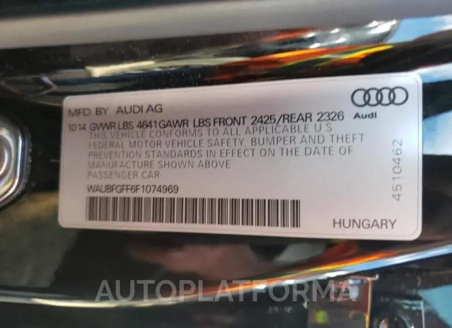 AUDI S3 PREMIUM 2015 vin WAUBFGFF6F1074969 from auto auction Copart