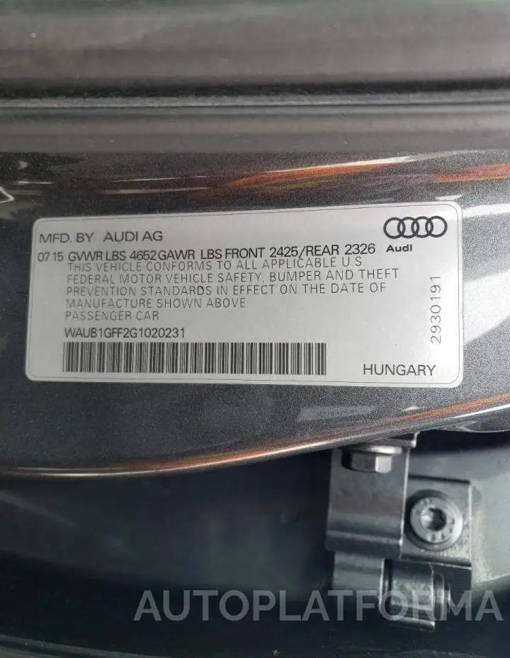 AUDI S3 PREMIUM 2016 vin WAUB1GFF2G1020231 from auto auction Copart