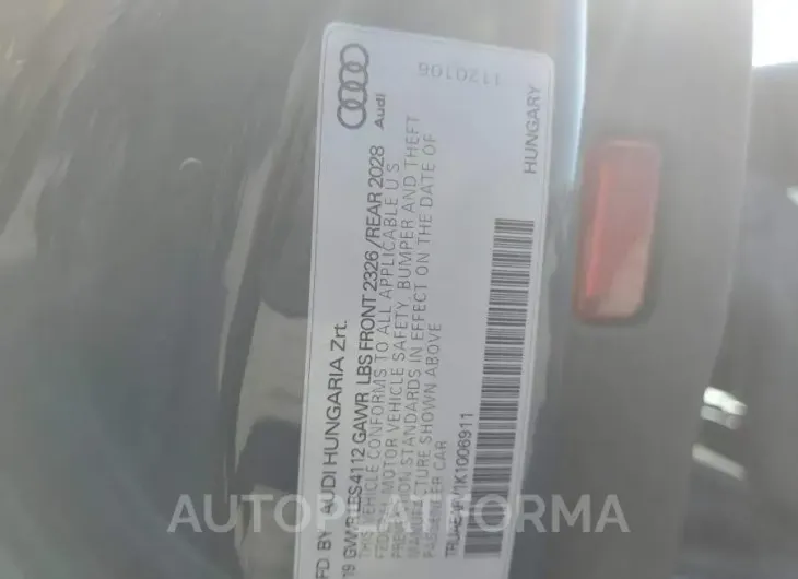 AUDI TT 2019 vin TRUAEAFV1K1006911 from auto auction Copart