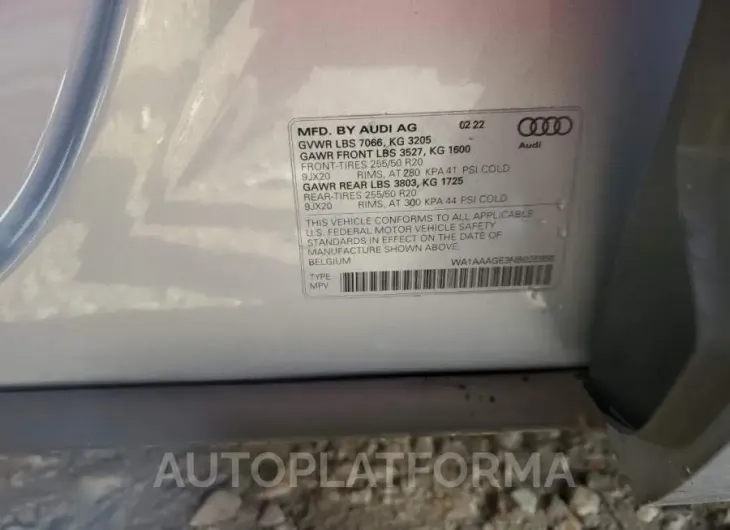 AUDI E-TRON PRE 2022 vin WA1AAAGE3NB025988 from auto auction Copart