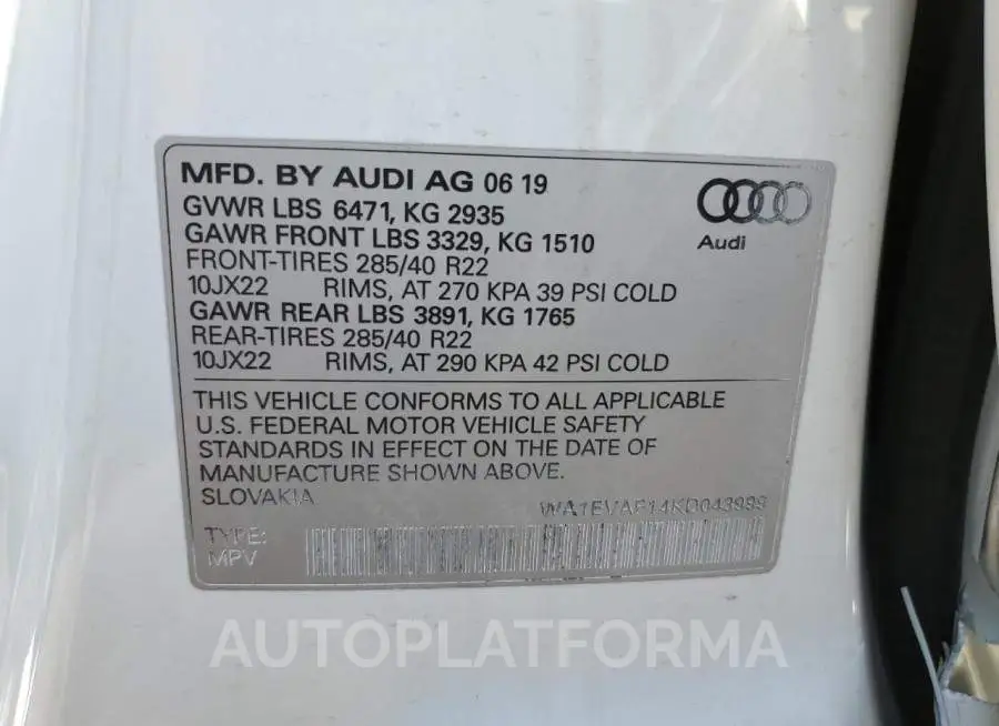 AUDI Q8 PREMIUM 2019 vin WA1EVAF14KD043999 from auto auction Copart