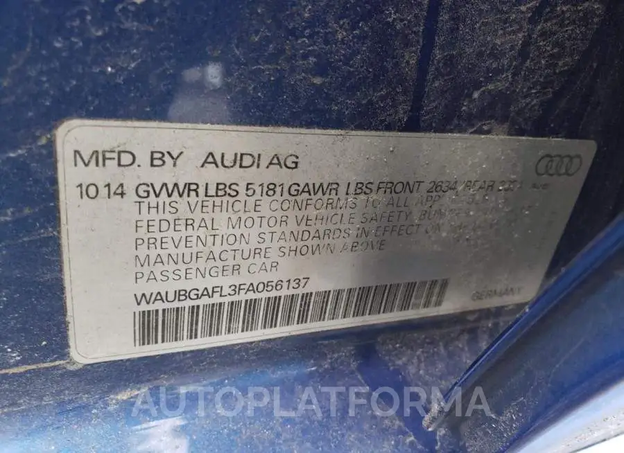 AUDI S4 PREMIUM 2015 vin WAUBGAFL3FA056137 from auto auction Copart