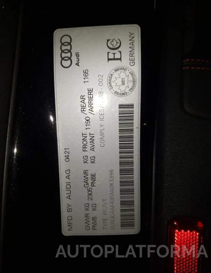 AUDI S4 PRESTIG 2021 vin WAUC4AF43MA063396 from auto auction Copart