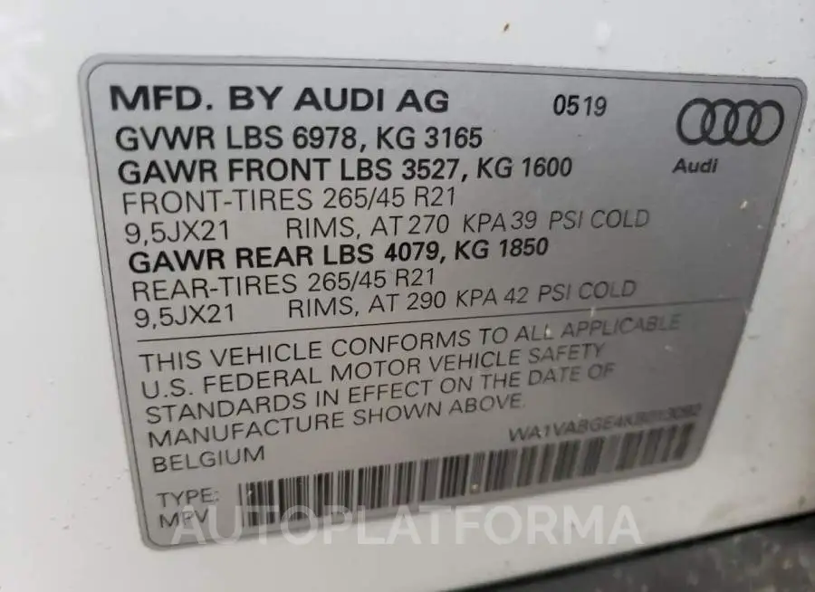 AUDI E-TRON PRE 2019 vin WA1VABGE4KB013092 from auto auction Copart