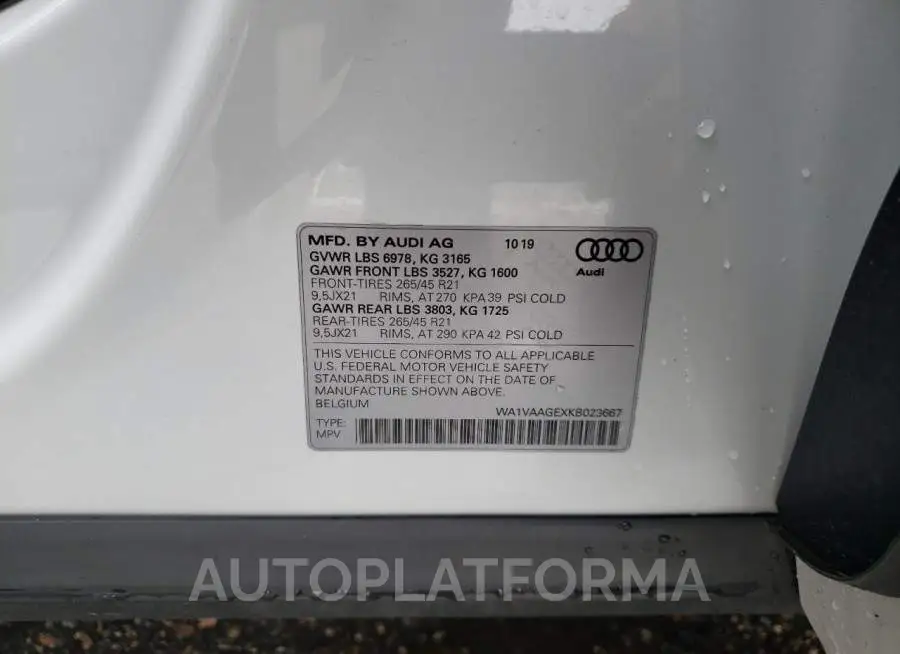 AUDI E-TRON PRE 2019 vin WA1VAAGEXKB023667 from auto auction Copart