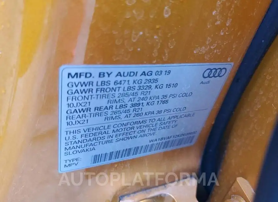 AUDI Q8 PREMIUM 2019 vin WA1BVAF12KD035032 from auto auction Copart